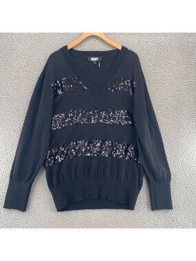 DKNY Sweater Womens Large Black Sequins Stripe V Neck Long Sleeves Stretch Knit